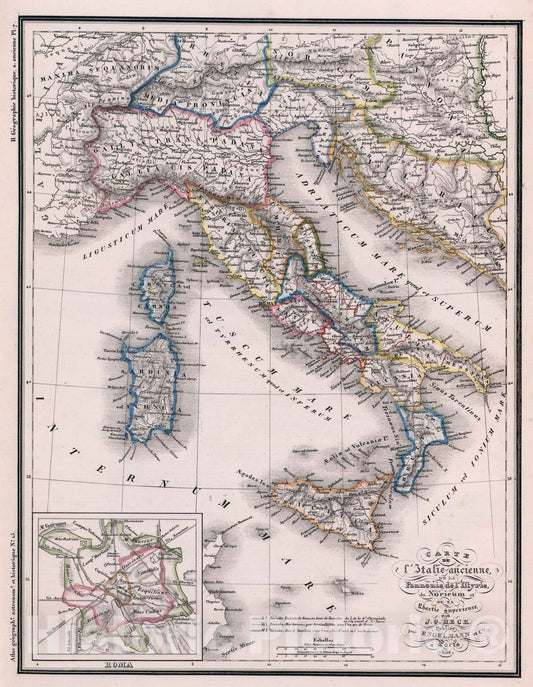 Historic Map : World Atlas Map, 15. Carte de l'Italie ancienne, de la Pannonie de l'Ilyrie, du Noricum et de la Rhaetie superieure. 1832 - Vintage Wall Art