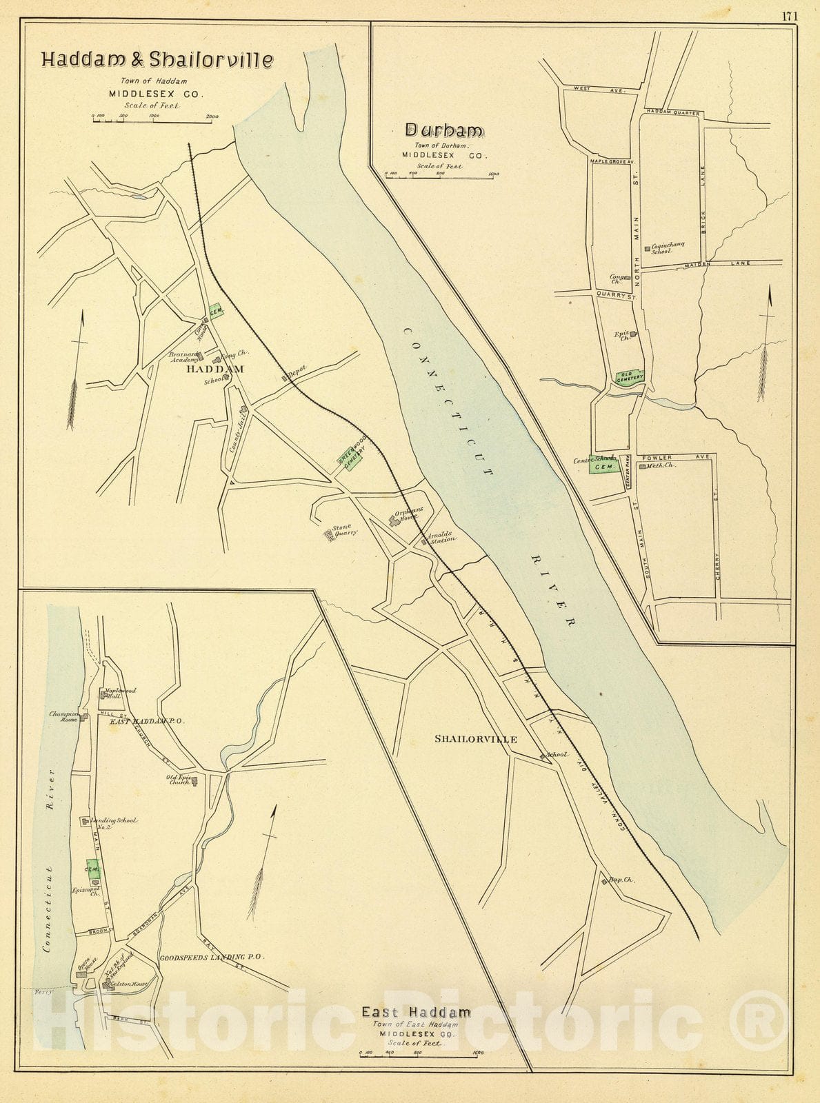 Historic Map : State Atlas Map, Haddam, Shailorville. 1893 - Vintage Wall Art