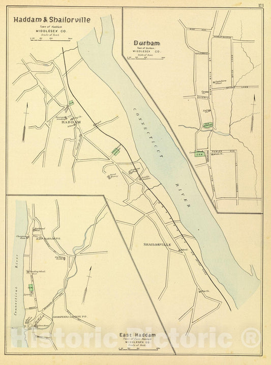 Historic Map : State Atlas Map, Haddam, Shailorville. 1893 - Vintage Wall Art