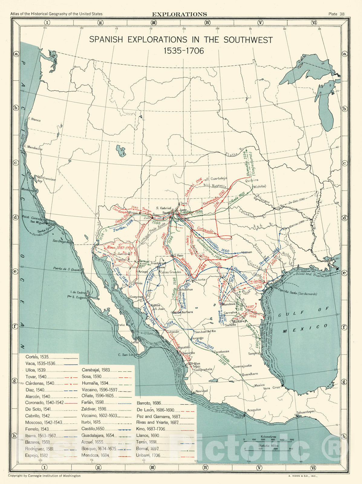 Historic Map - Historical Atlas Map, Plate 38. Explorations. Spanish Explorations in the Southwest 1535-1706. 1706 - Vintage Wall Art