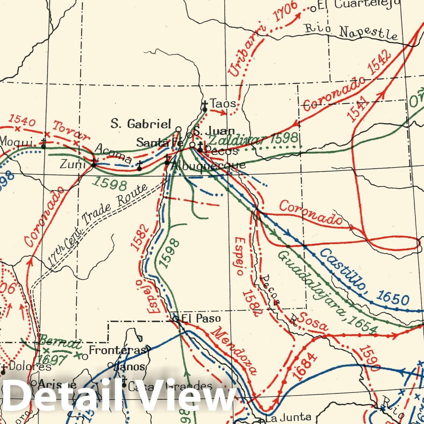 Historic Map - Historical Atlas Map, Plate 38. Explorations. Spanish Explorations in the Southwest 1535-1706. 1706 - Vintage Wall Art