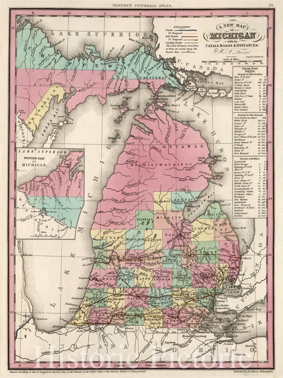 Michigan - Road Map, 1841 - Historical Map Print