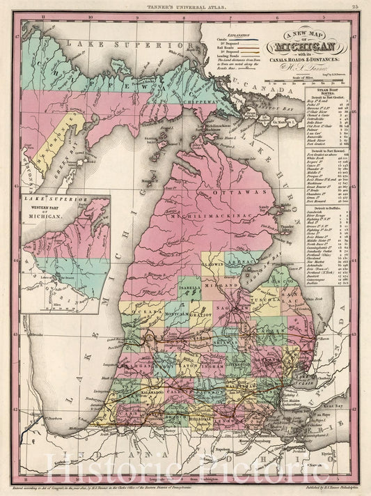 Michigan - Road Map, 1841 - Historical Map Print