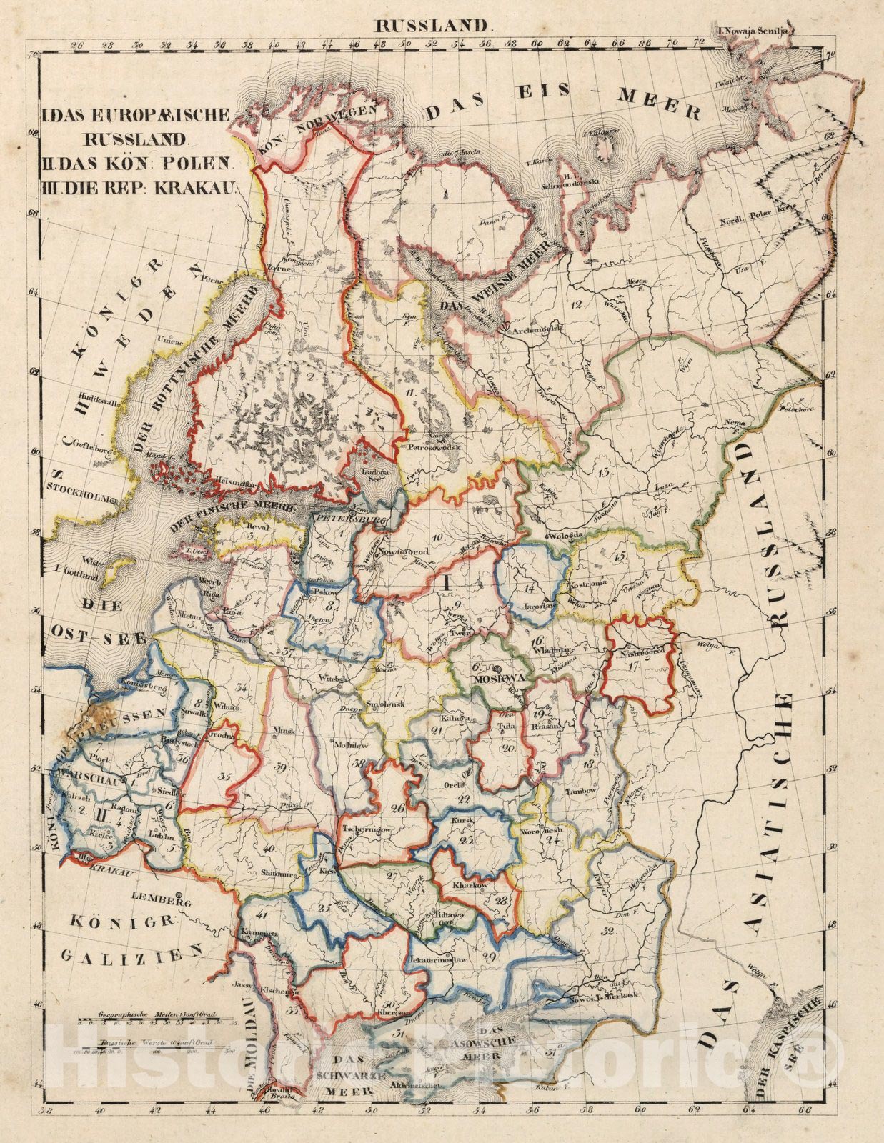 Historic Wall Map : Russia, V.3:11-15:XIII. Russland. I. Das Europ Aeische Russland. II. Das Kon: Polen. III. Die Rep: Krakau 1829 , Vintage Wall Art
