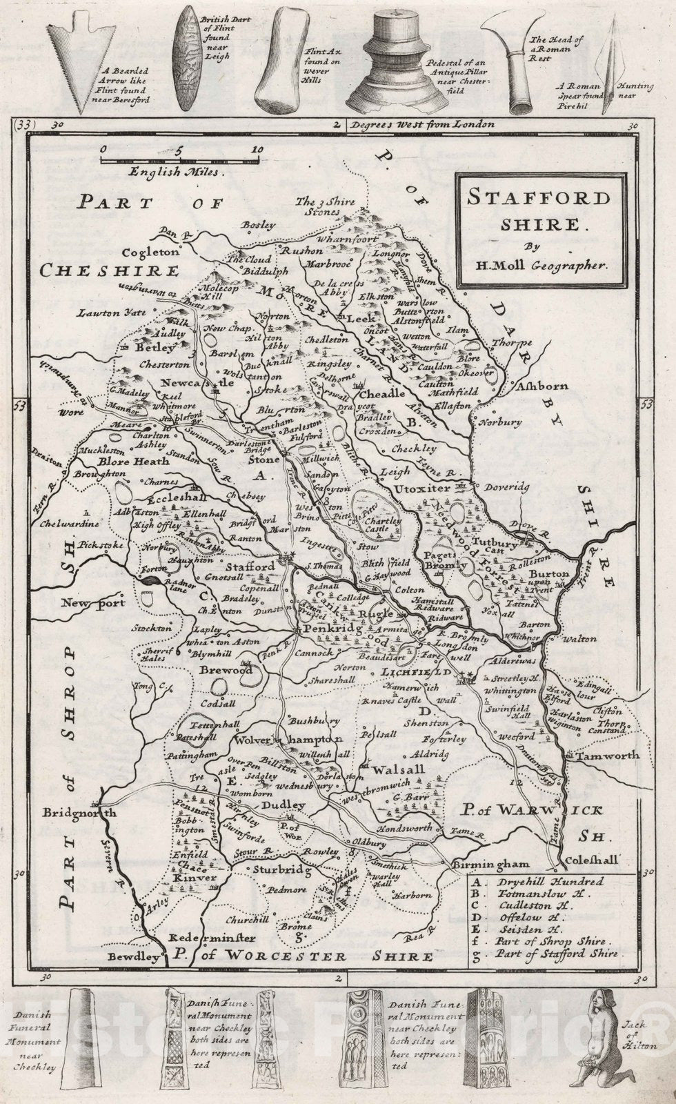 Historic Map : Stafford Shire. By H. Moll Geographer 1724 - Vintage Wall Art
