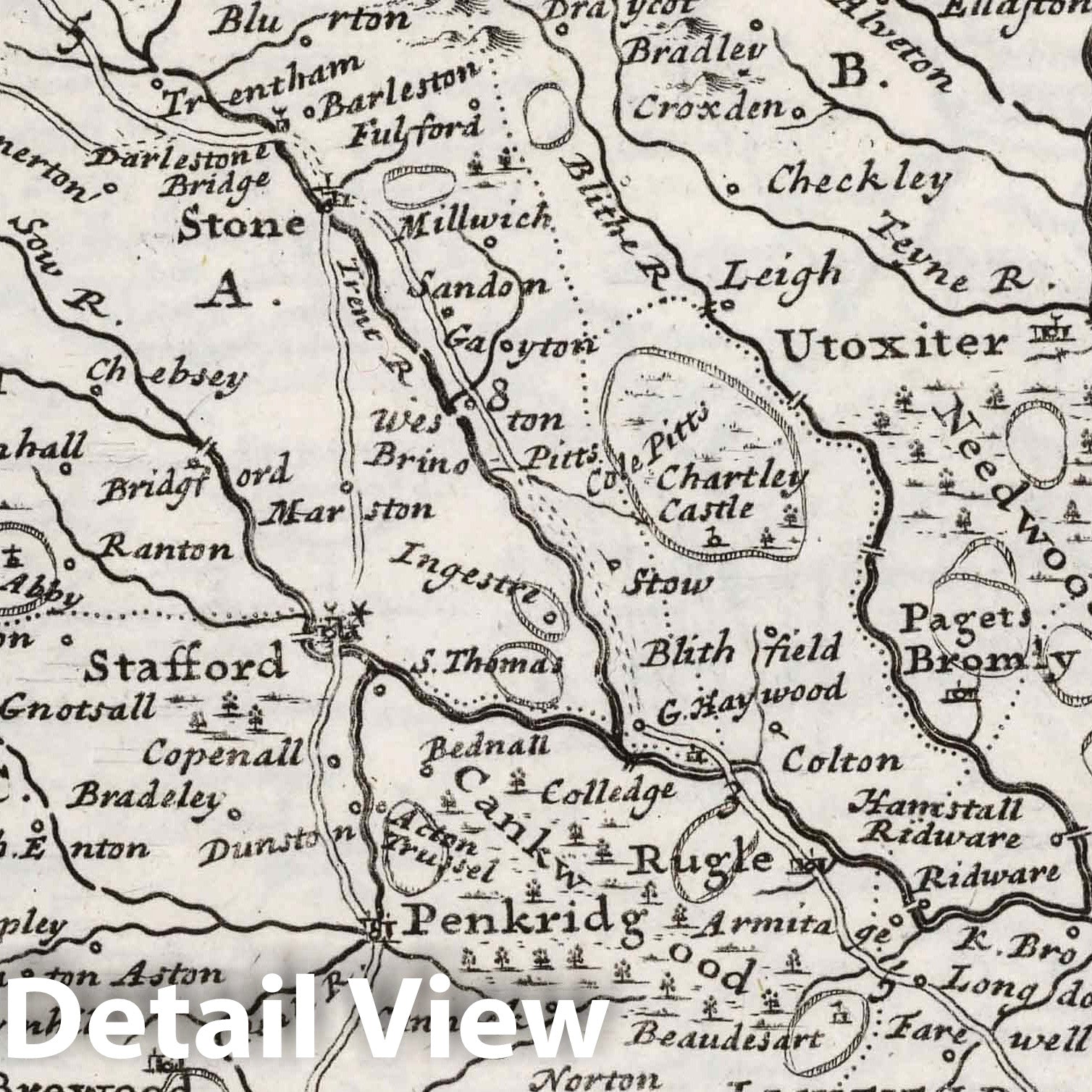 Staffordshire - Road Map, 1724 by Herman Moll - Historical Map Print