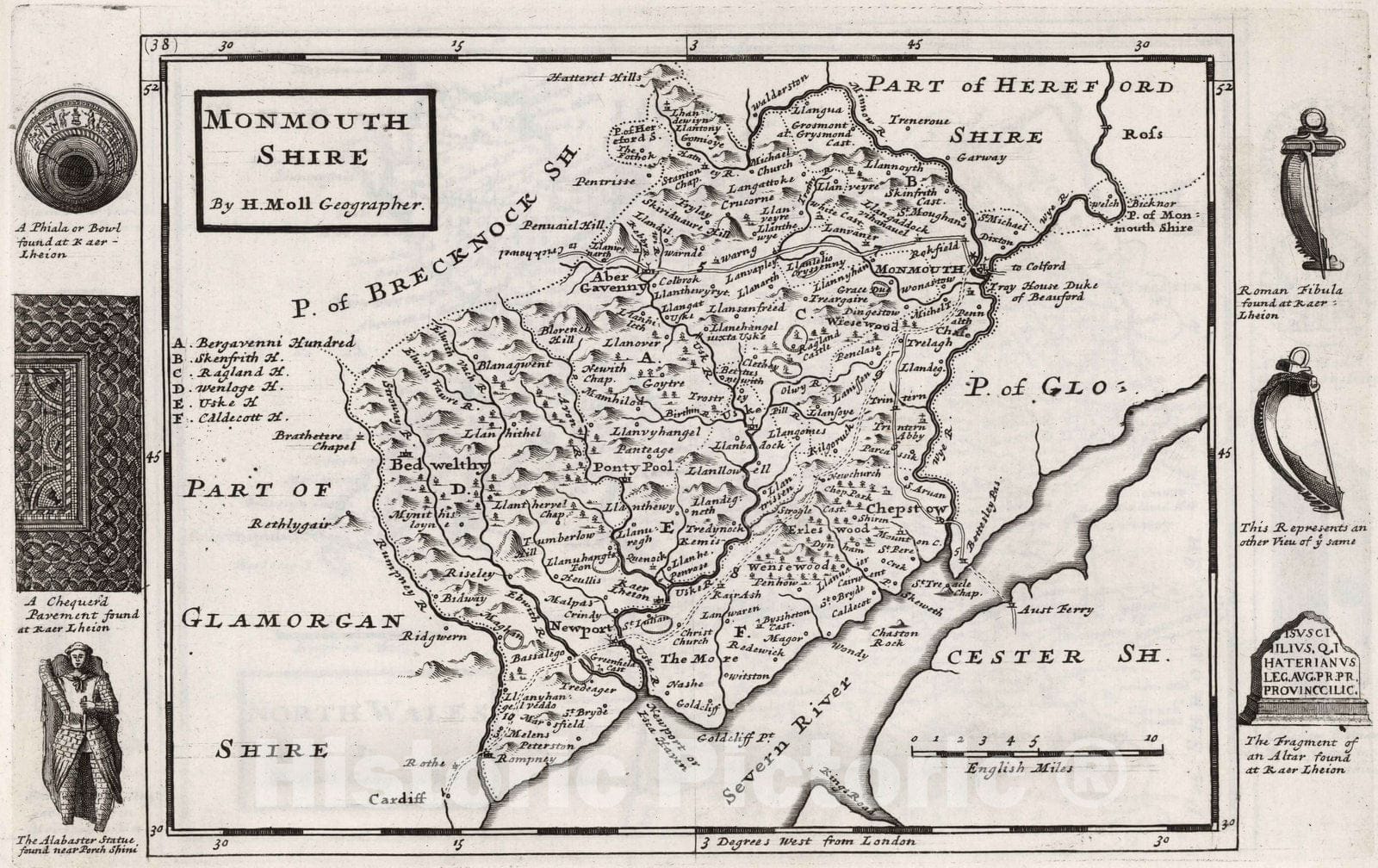 Historic Map : Monmouth Shire. By H. Moll Geographer 1724 - Vintage Wall Art