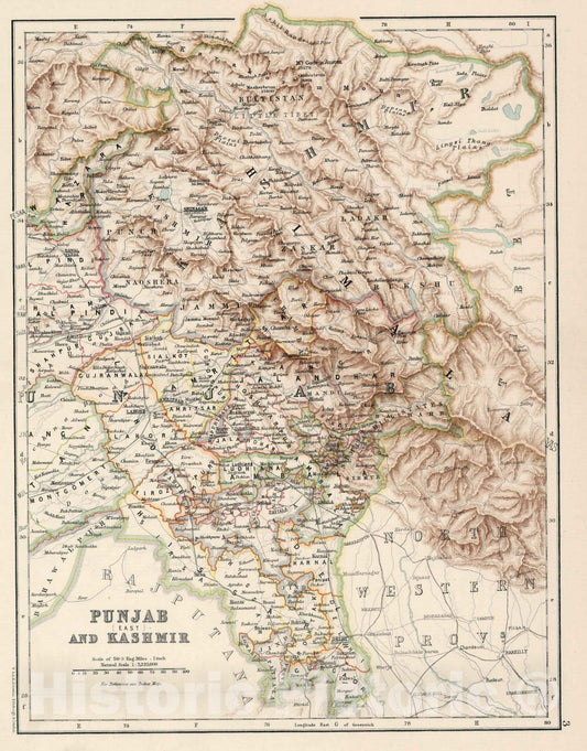 Historic Map : 3: Punjab (East) and Kashmir 1894 - Vintage Wall Art
