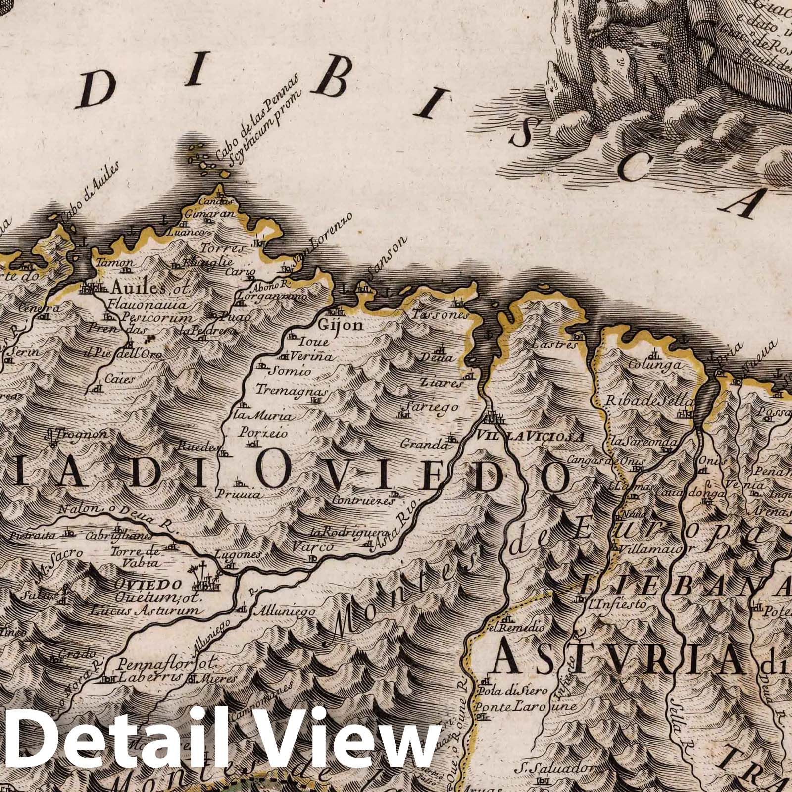 Principality of Asturias, Spain - River Map, 1696 - Historical Map Print