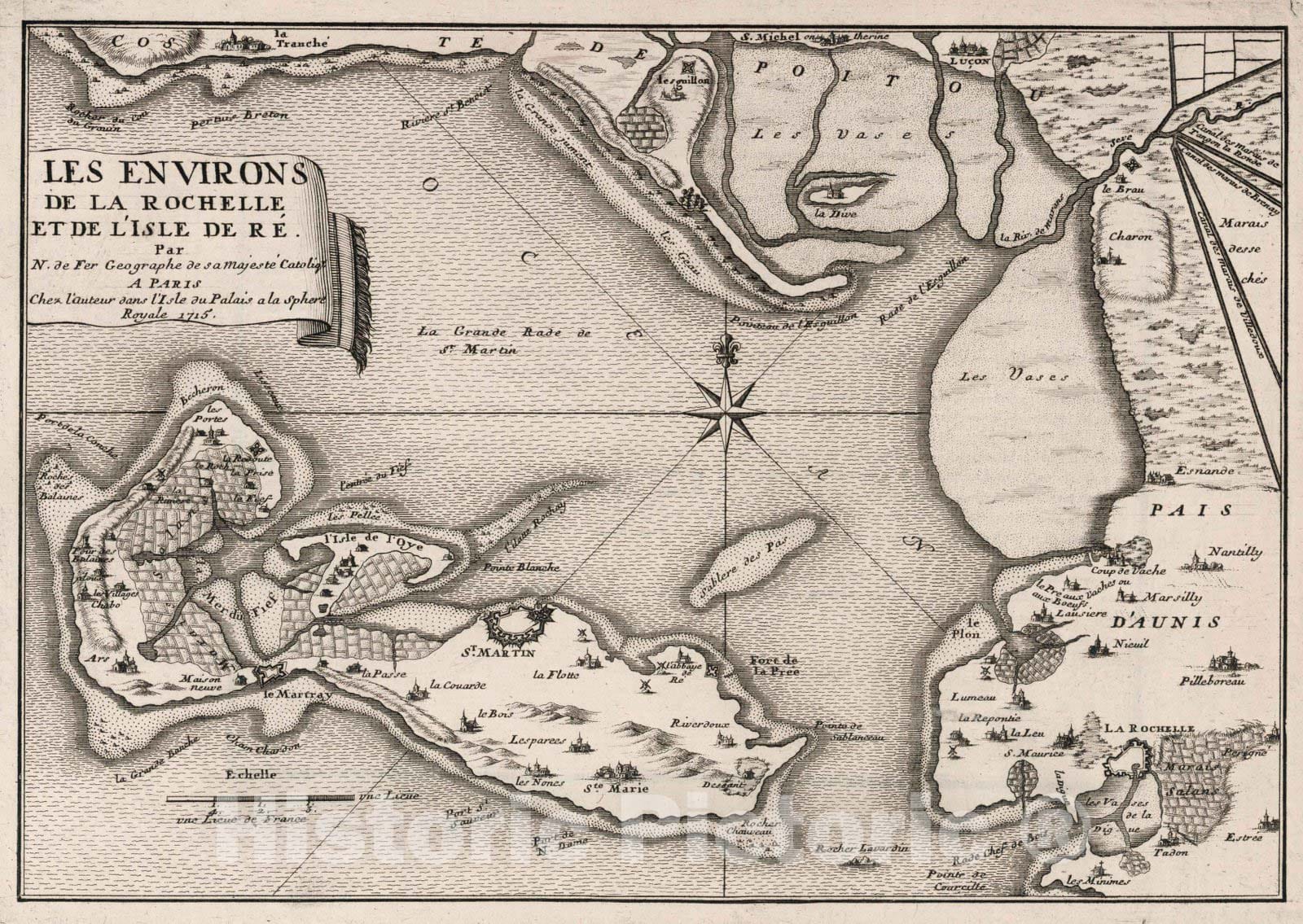 Historic Map : World Atlas Map, Les Environs de la Rochelle et de l'Isle de Re. 1715 - Vintage Wall Art