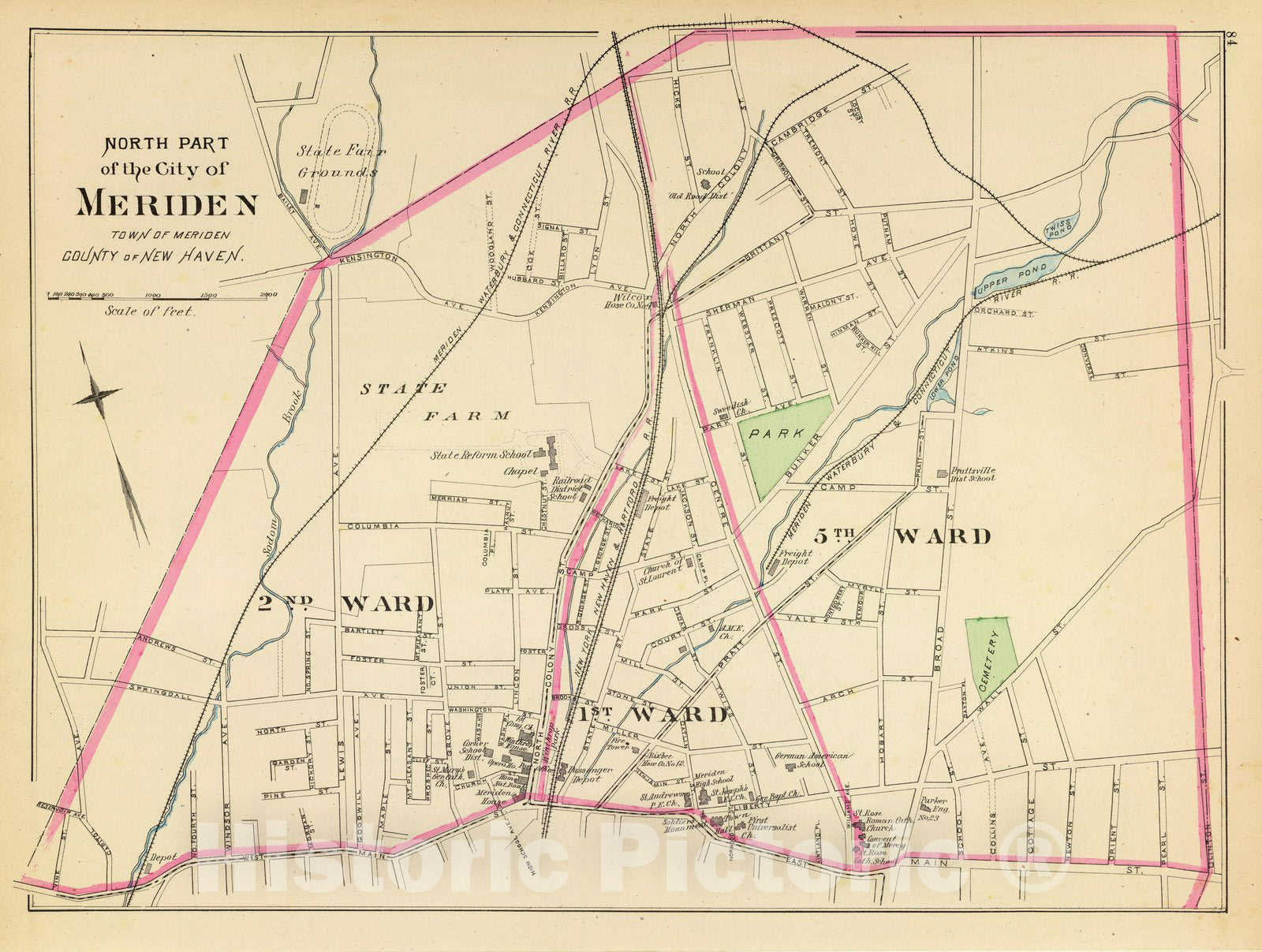 Historic Map : State Atlas Map, Meriden north. 1893 - Vintage Wall Art