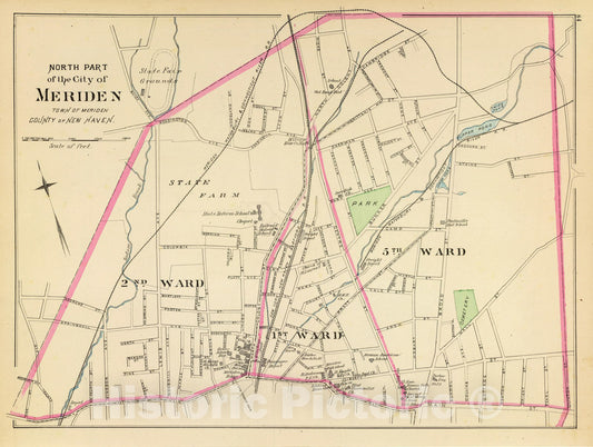 Historic Map : State Atlas Map, Meriden north. 1893 - Vintage Wall Art