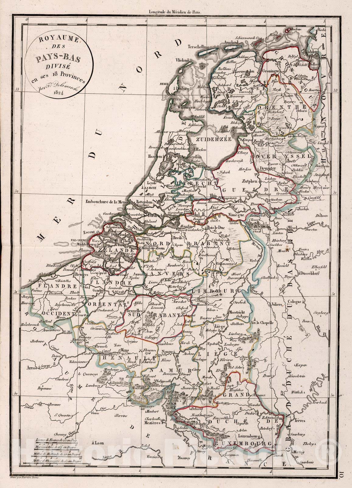 Historic Map : Belgium,Royaume des Pas-Bas Divise en ses 18 Provinces 1824. 1824 , Vintage Wall Art