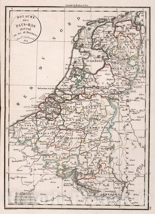 Historic Map : Belgium,Royaume des Pas-Bas Divise en ses 18 Provinces 1824. 1824 , Vintage Wall Art
