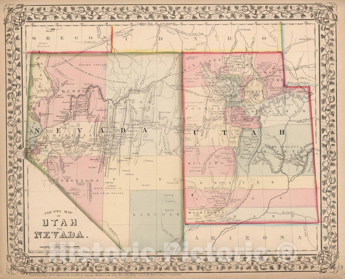 Historic Map : County map of Utah and Nevada, 1868 - Vintage Wall Art