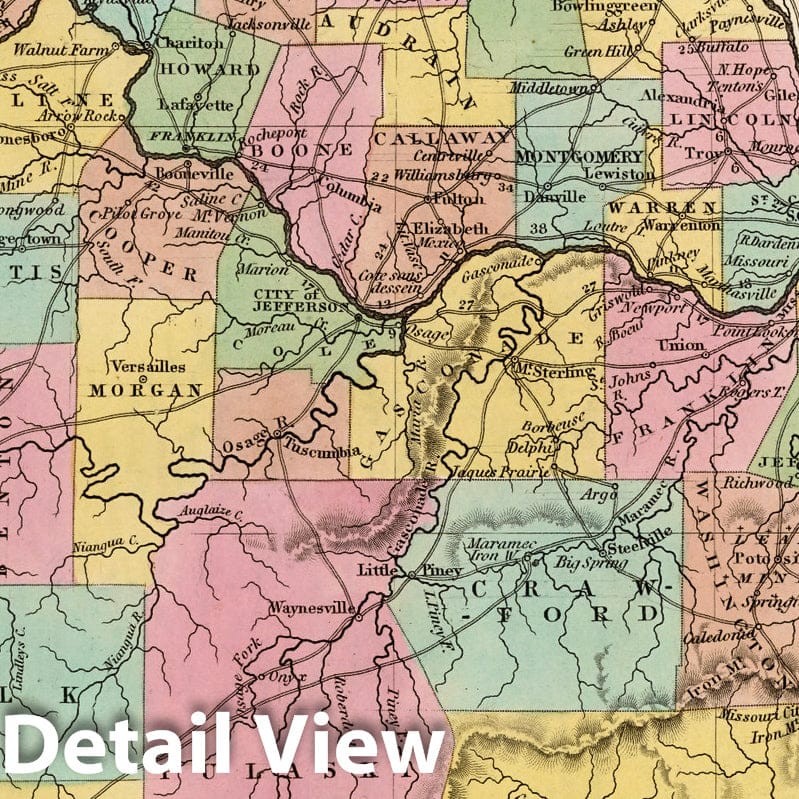 Missouri - Road Map, 1841 - Tanner's Universal Atlas Historical Print