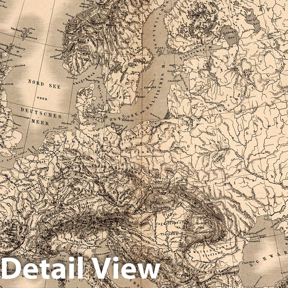 Europe - Orographic and Hydrographic, 1866 - Historical Map Print