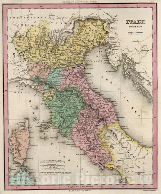 Historic Map : World Atlas Map, Italy (North Part). 1836 v1 Vintage Wall Art