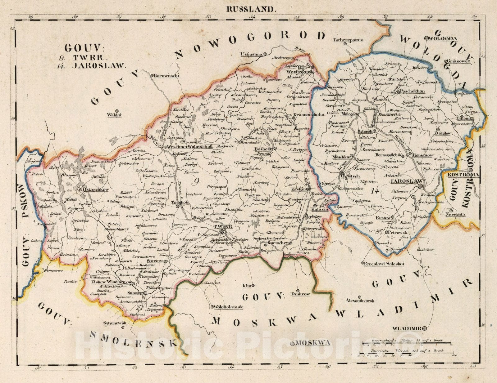 Historic Map : Russia, V.3:11-15:XIII. Russland. Gouv: 9. Twer. 14. Jaroslaw 1829 , Vintage Wall Art