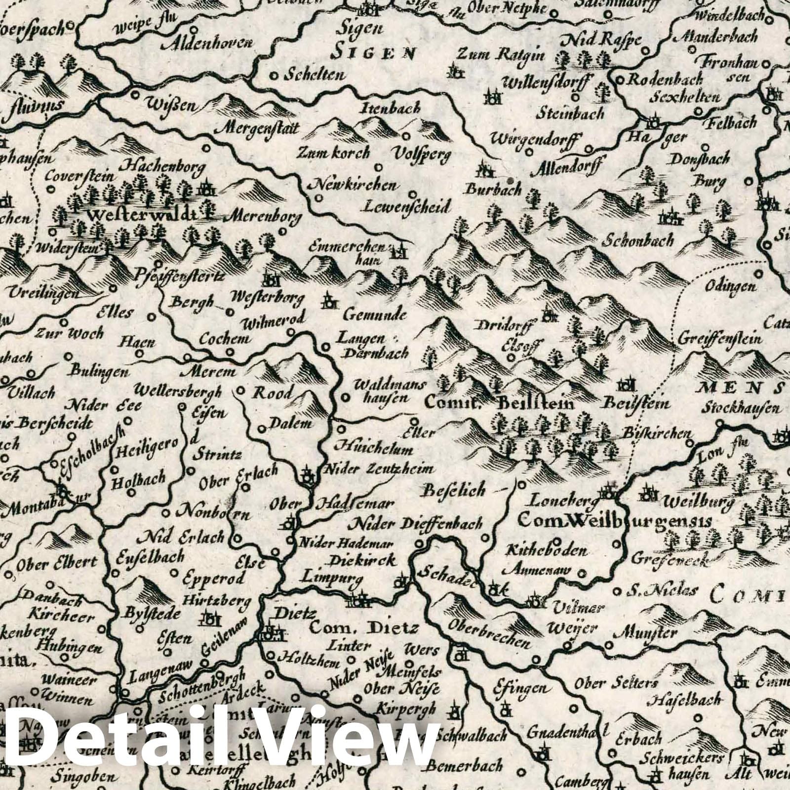 Nassau, Germany - River Map, 1636 - Historical Map Print