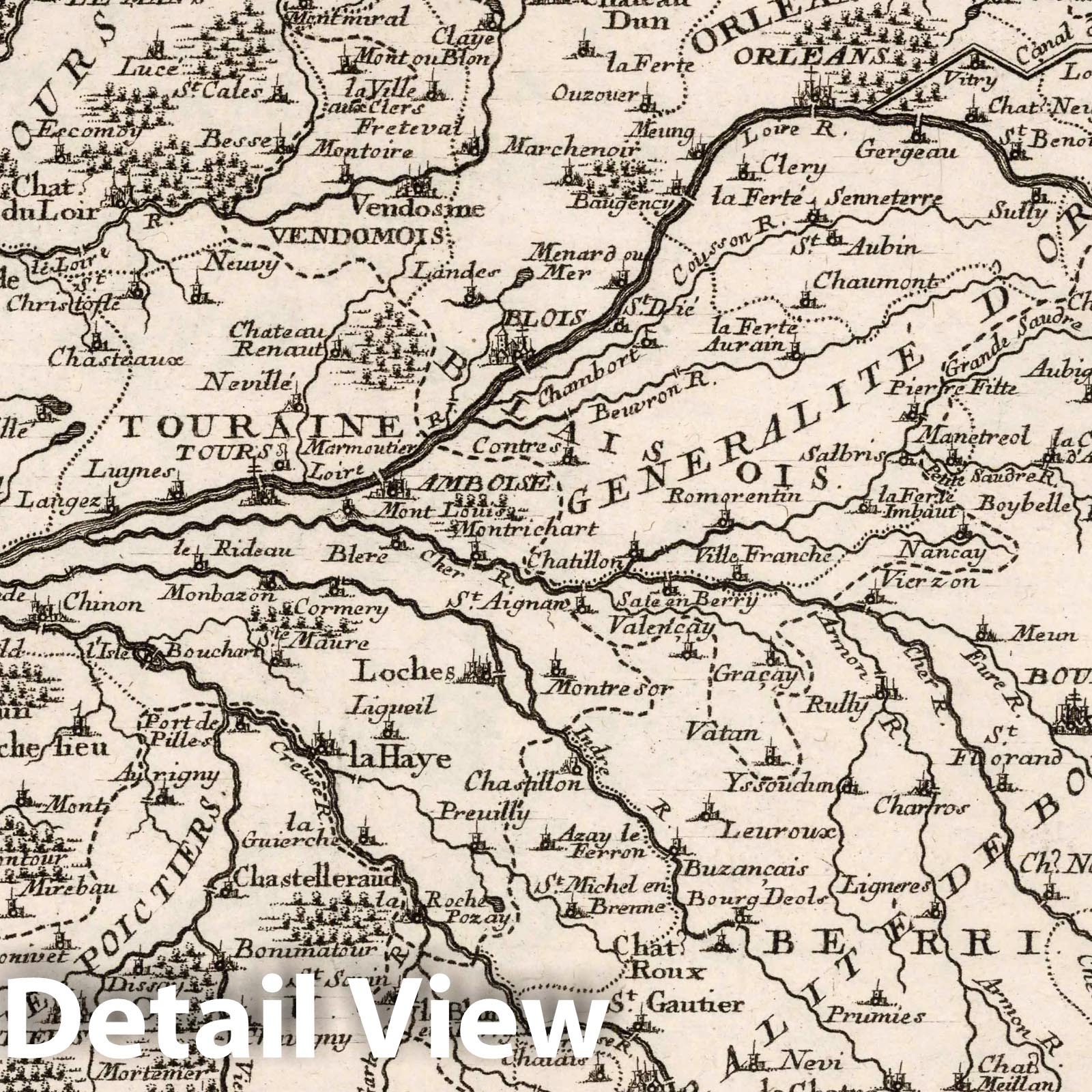 Poitou, Anjou, Maine, Touraine, Berry, Bourbonnois, Nivernois, and Orleans, France 1705 Historical Map Print