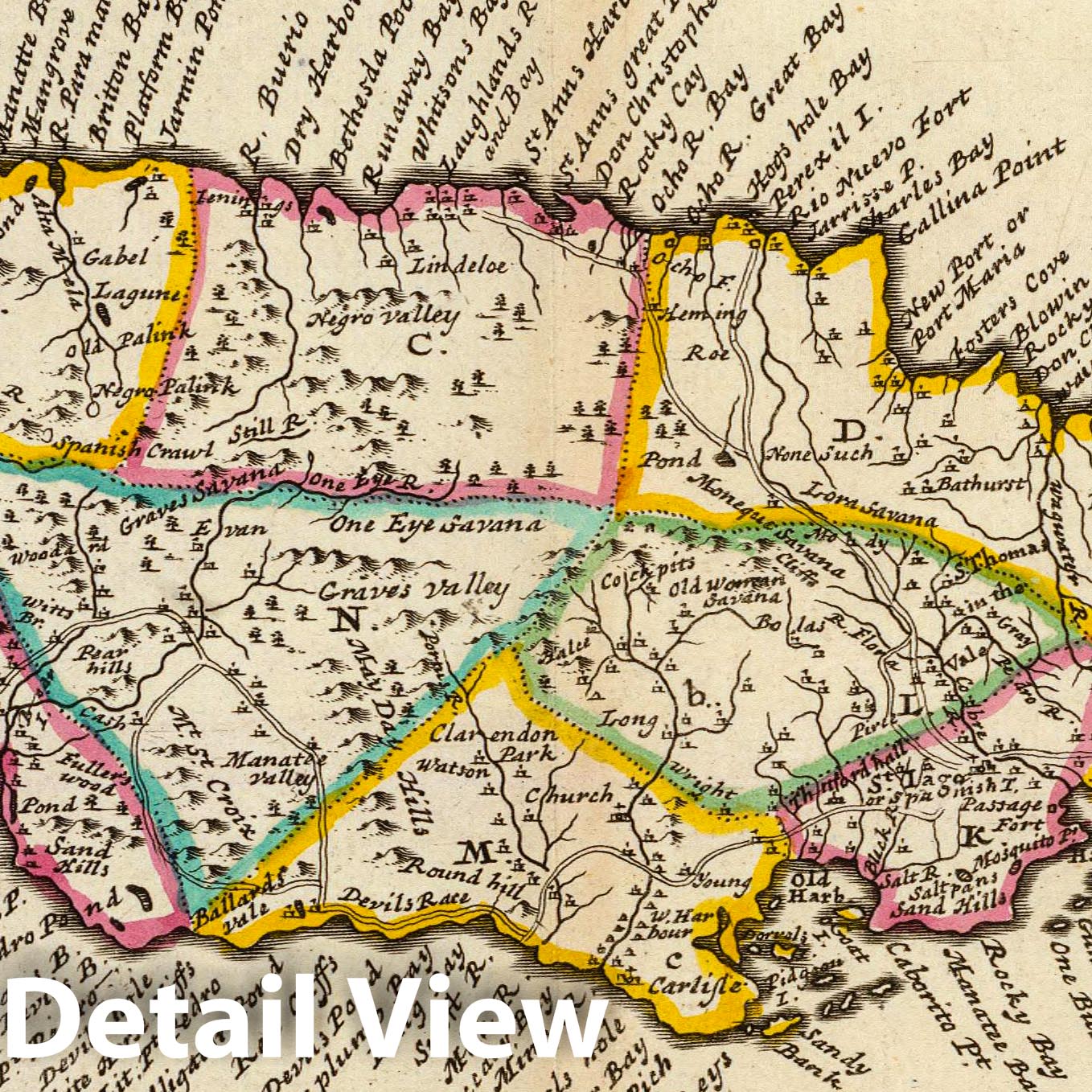 Jamaica - Road Map, 1736 - Historical Map Print by Herman Moll