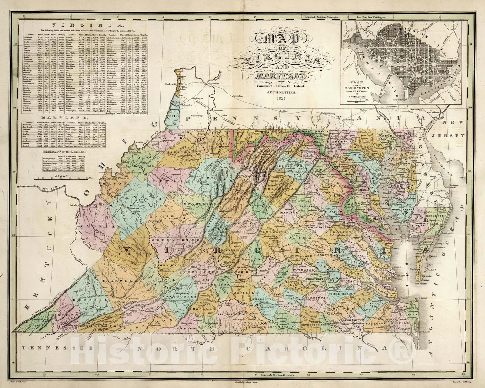 Historic Map : Virginia and Maryland. 1827 - Vintage Wall Art