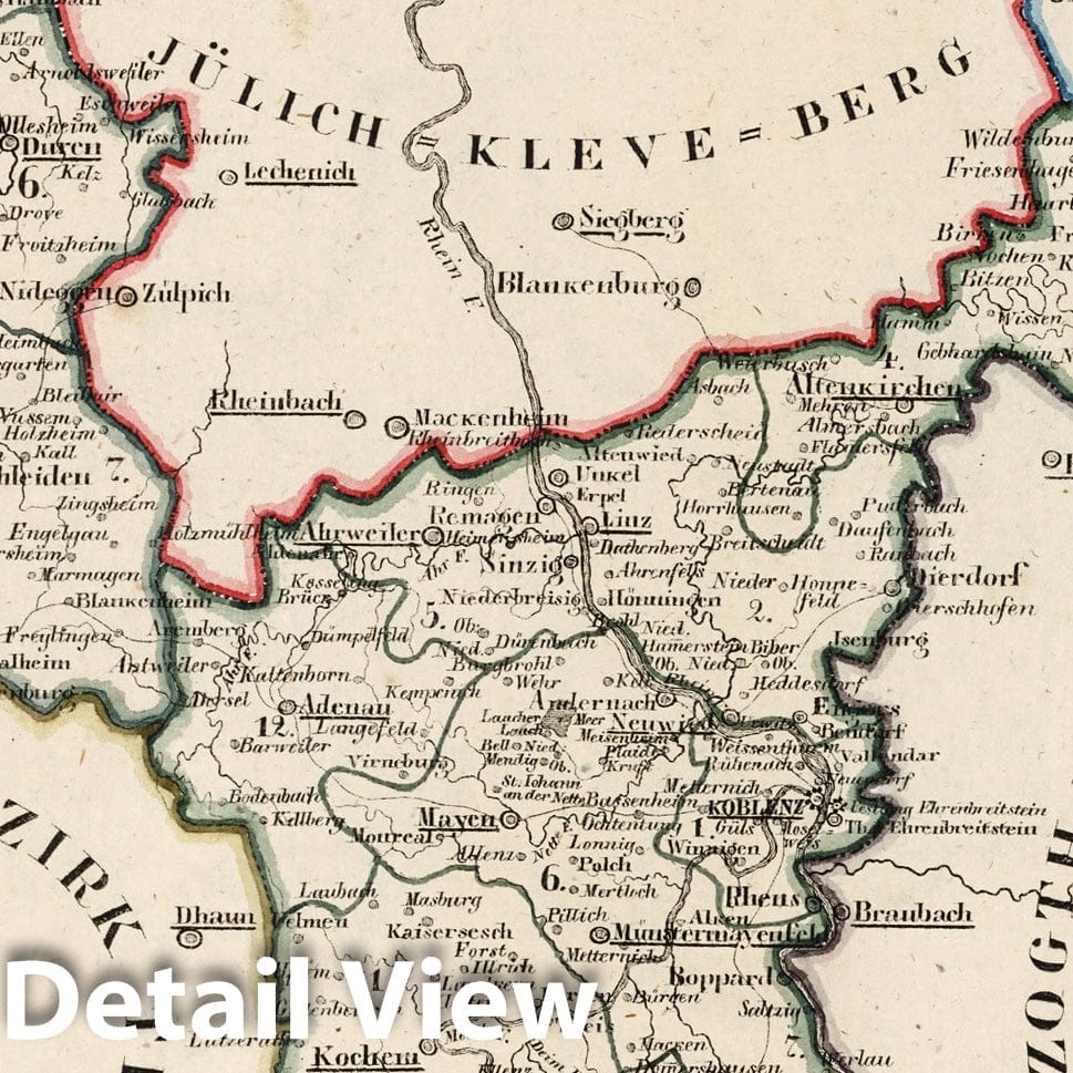 Prussia: Lower Rhine Province, Koblenz and Aachen Regions, 1825 - Historical Map Print