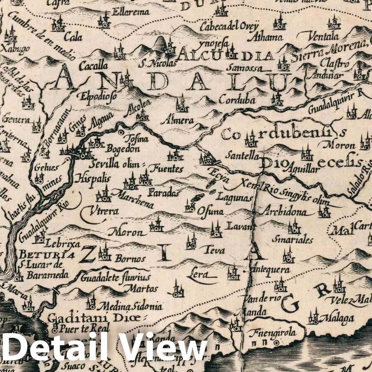 Andalusia, Spain - River Map, 1636 - Historical Map Print