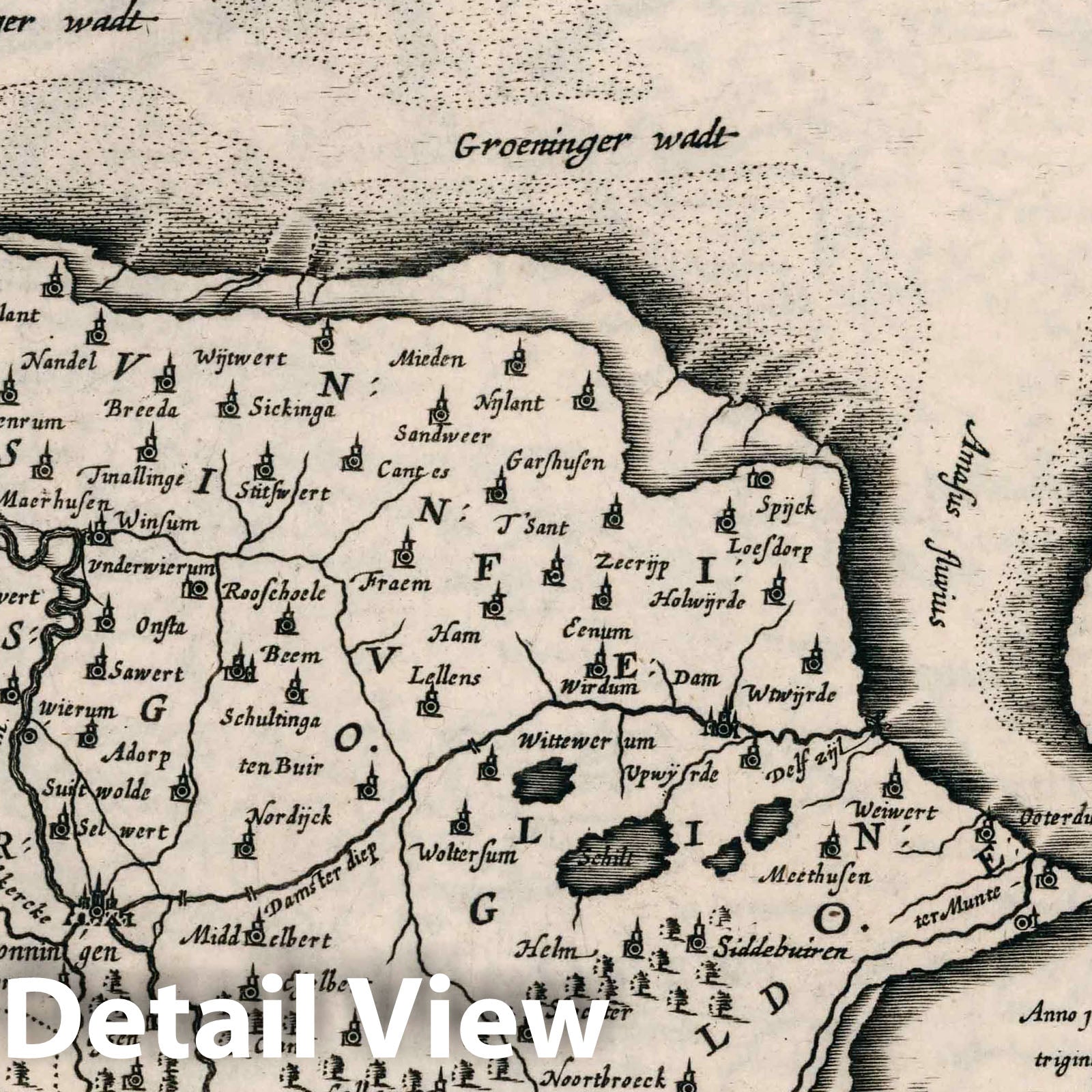Groningen, Netherlands - River Map, 1636 - Historical Map Print