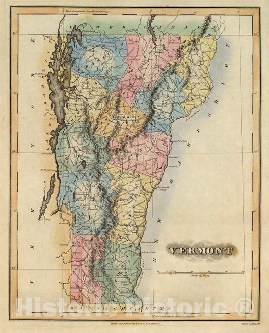 Historic Map : World Atlas Map, Vermont. 1823 - Vintage Wall Art