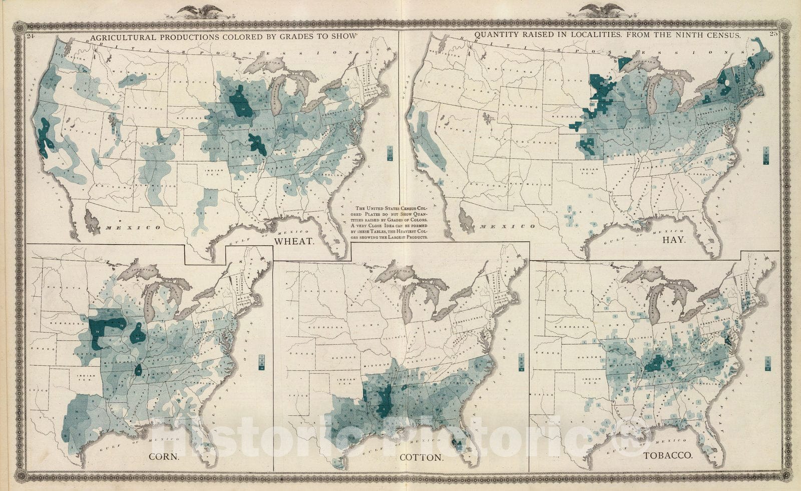 Historic Map : Agricultural productions colored by grades to show quantity raised in localities. Wheat, hay, corn, cotton, tobacco. 1875 - Vintage Wall Art