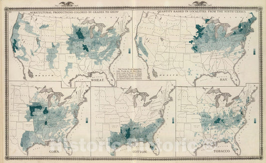Historic Map : Agricultural productions colored by grades to show quantity raised in localities. Wheat, hay, corn, cotton, tobacco. 1875 - Vintage Wall Art