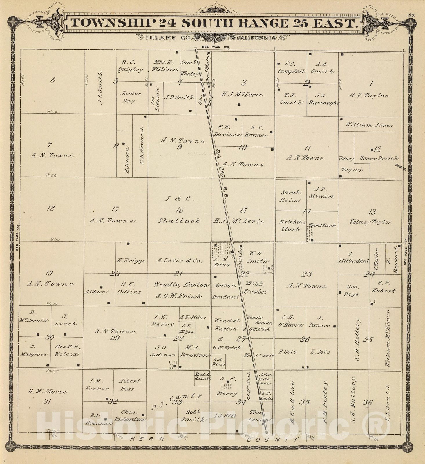 Historic Map : County Atlas Map, T.24S R.25E. 1892 - Vintage Wall Art