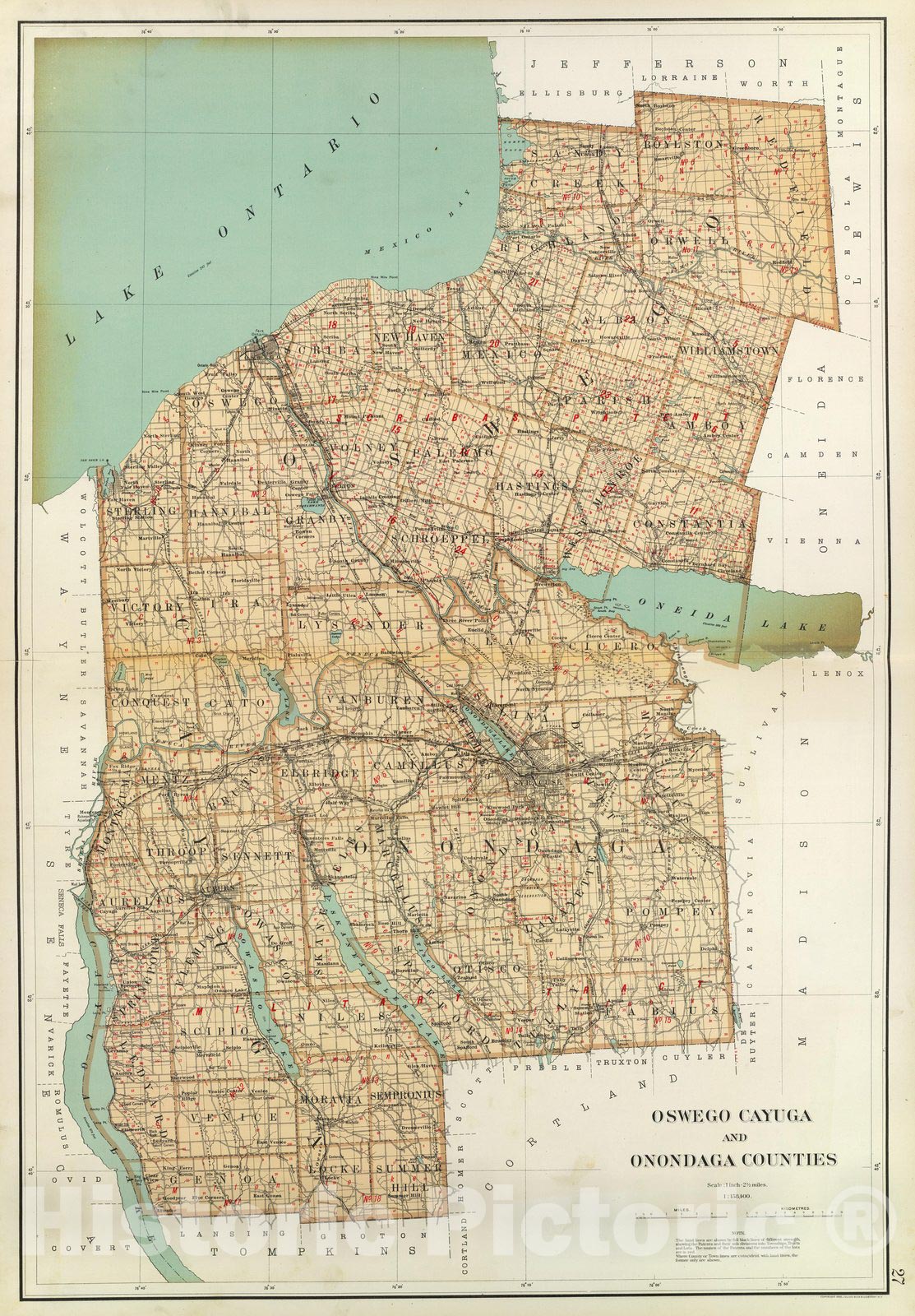 Historic Map : State Atlas Map, Oswego, Cayuga, Onondaga counties. 1895 - Vintage Wall Art