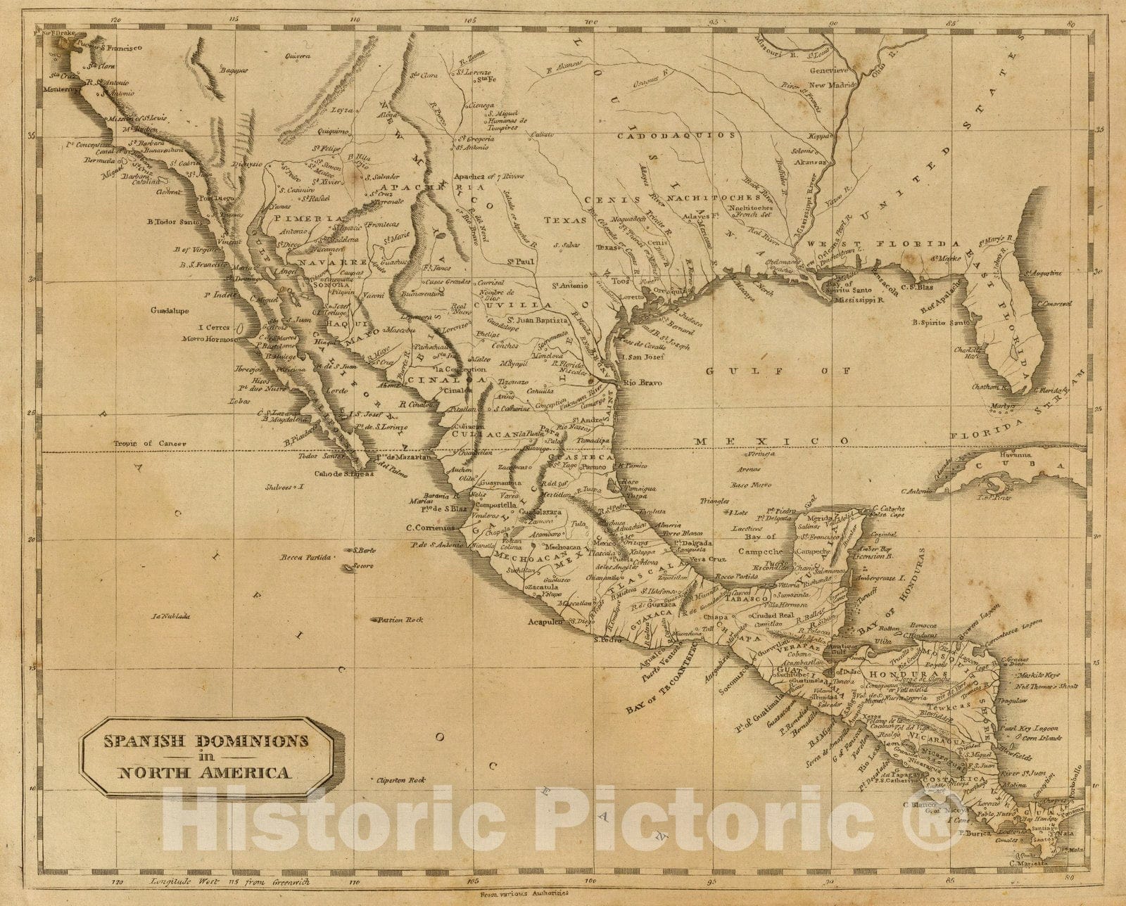 Historic Map : World Atlas Map, Spanish dominions in North America. 1812 - Vintage Wall Art