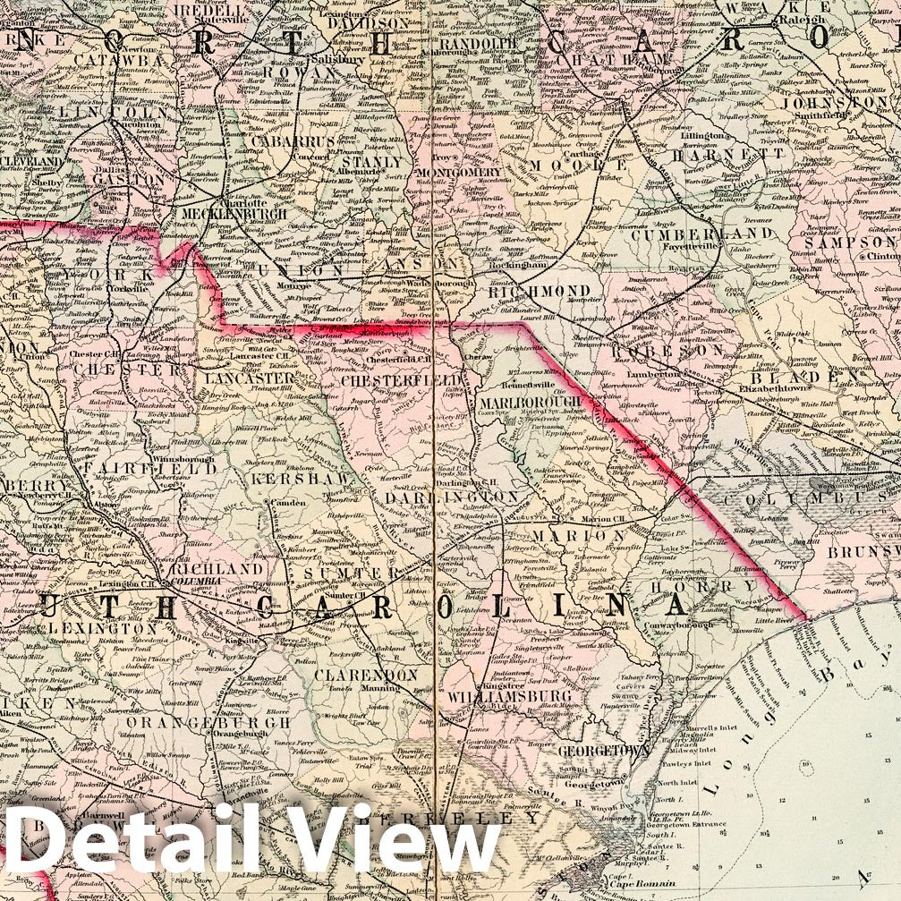 North Carolina and South Carolina - Railroad Map, 1881 - Historical Map Print