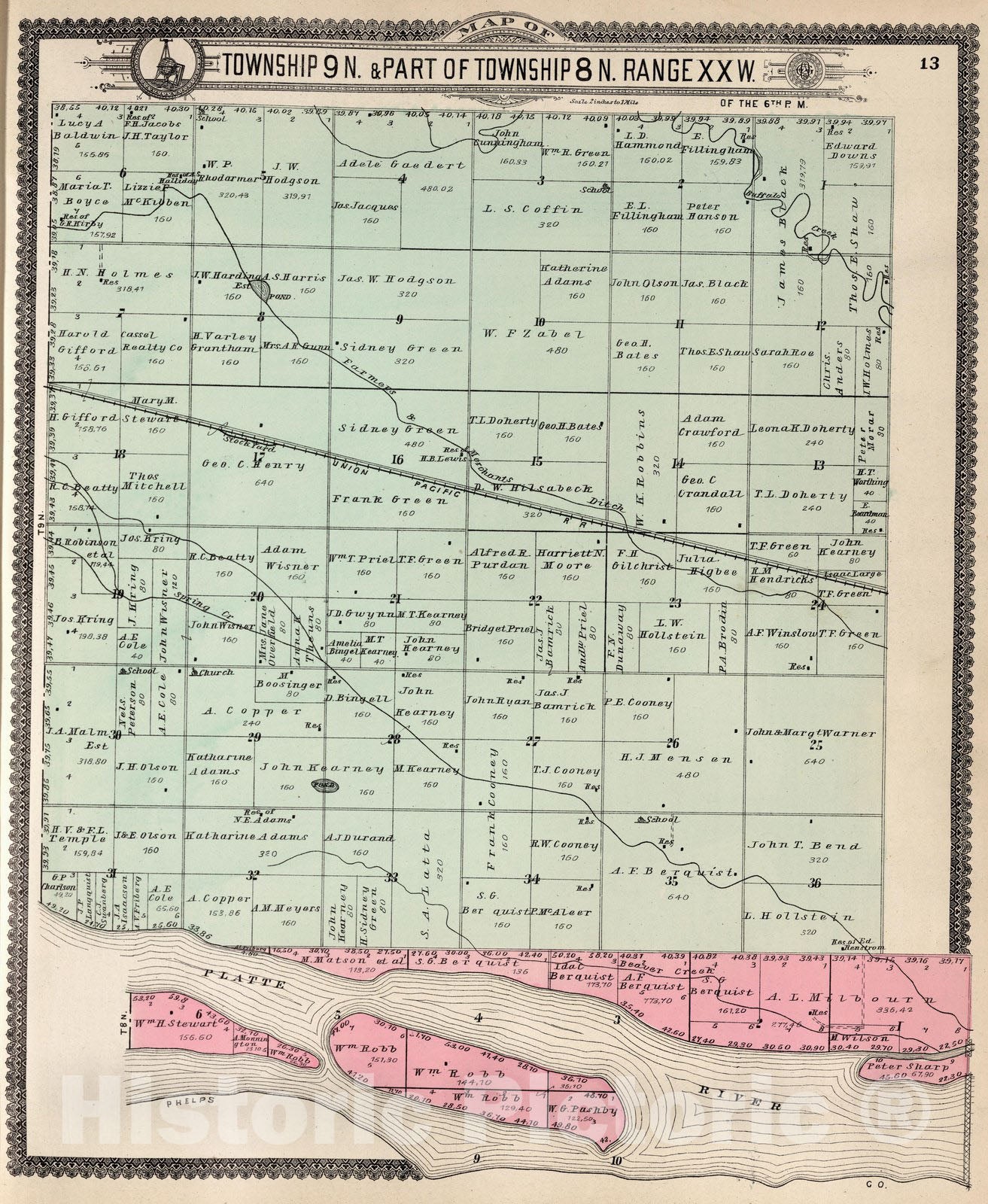 Historic Map : Dawson County Nebraska, County Atlas Map, Township 9 N. & Part of Township 8 N. Range XX W. 1904 - Vintage Wall Art