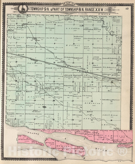 Historic Map : Dawson County Nebraska, County Atlas Map, Township 9 N. & Part of Township 8 N. Range XX W. 1904 - Vintage Wall Art