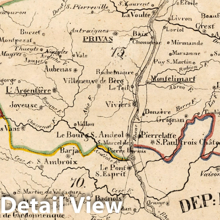Ardeche, Gard, and Drome, France - Road Map, 1825 - Historical Map Print