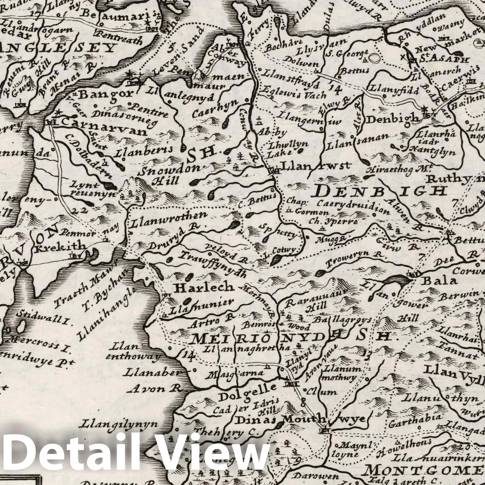 North Wales, England - Road Map, 1724 by Herman Moll