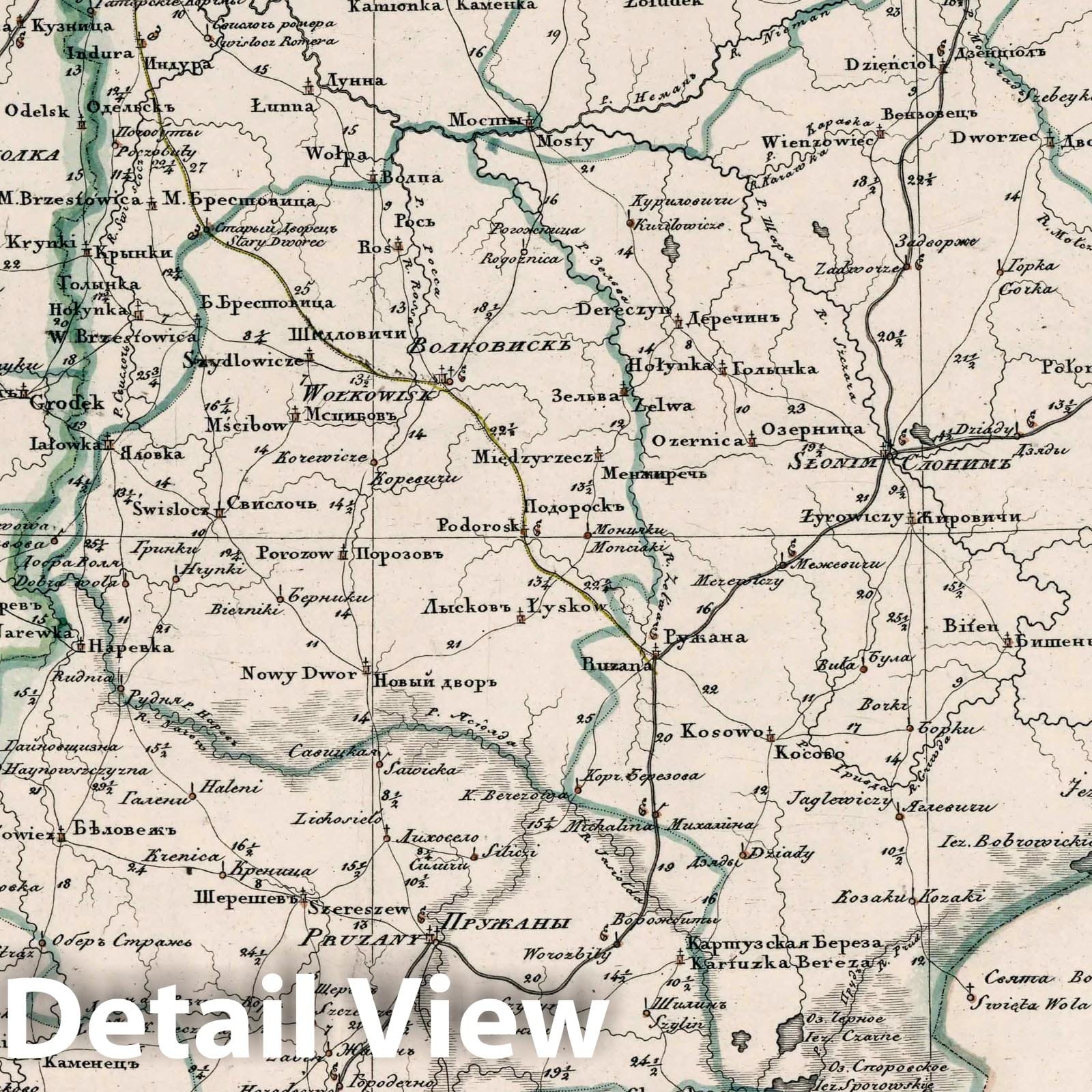 Grodno Governorate and Biaystok Oblast, Russia - Road Map, 1829 - Historical Map Print