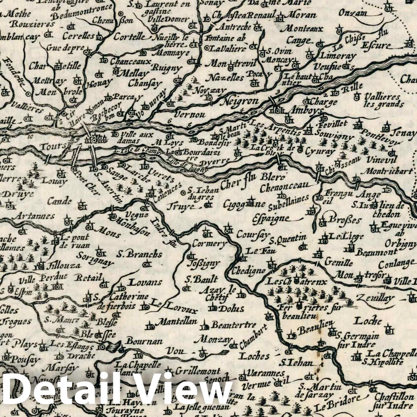 Touraine, France - River Map, 1636 - Historical Map Reproduction