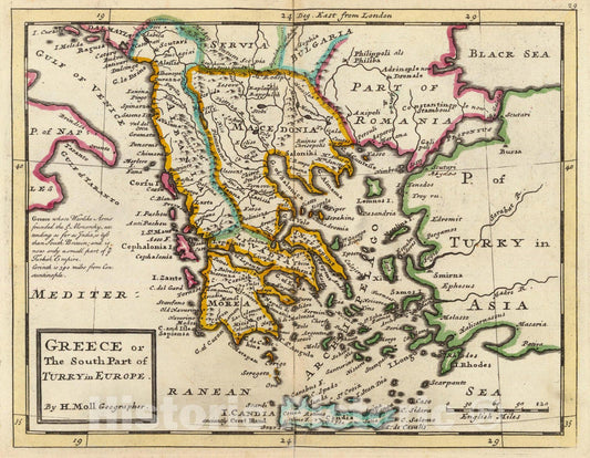 Historic Map : World Atlas Map, Greece or the south part of Turky in Europe. 1736 - Vintage Wall Art