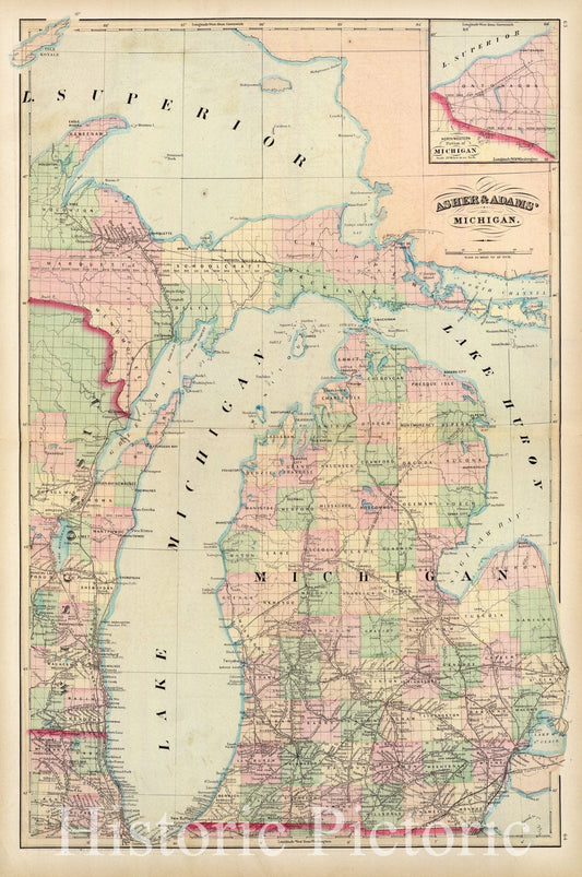 Michigan with Northwestern Portion Inset - Railroad Map, 1874