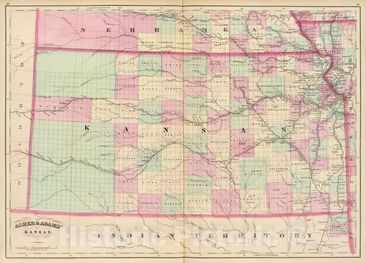 Historic Map : Kansas. 1874 - Vintage Wall Art
