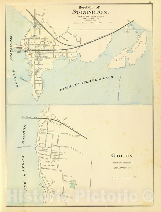 Historic Map : State Atlas Map, Stonington, Groton. 1893 - Vintage Wall Art