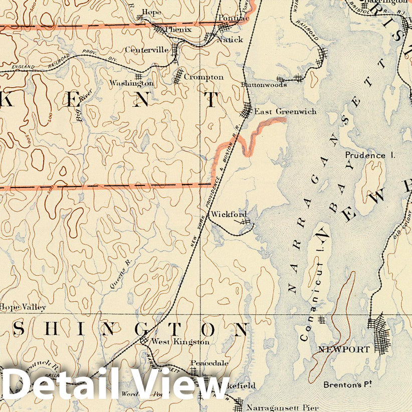 Rhode Island County Map - Railroad Map, 1891 - Historical Topographic Print