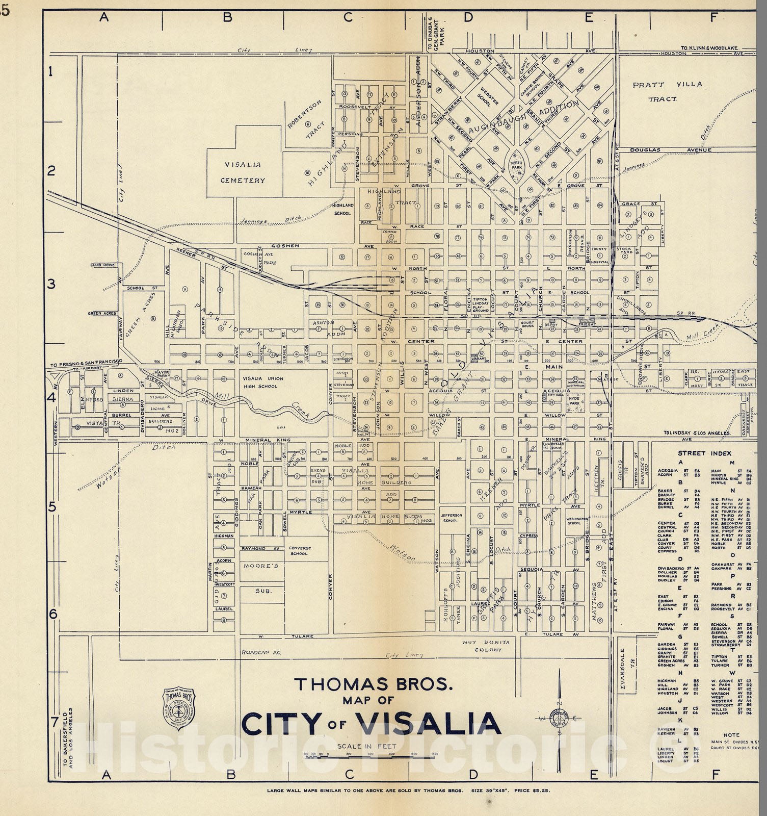 Historic Map : Thomas Bros. Map of City of Visalia, California, 1938 - Vintage Wall Art