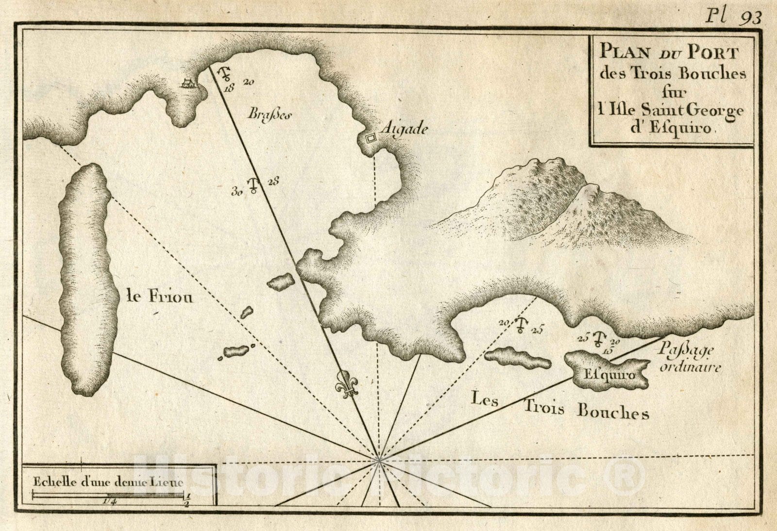 Historic Map : Chart Map, Pl. 93. Port of Three Mouths on Isle Saint George Esquiro, Naxos, Cyclades, Greece. 1764 - Vintage Wall Art